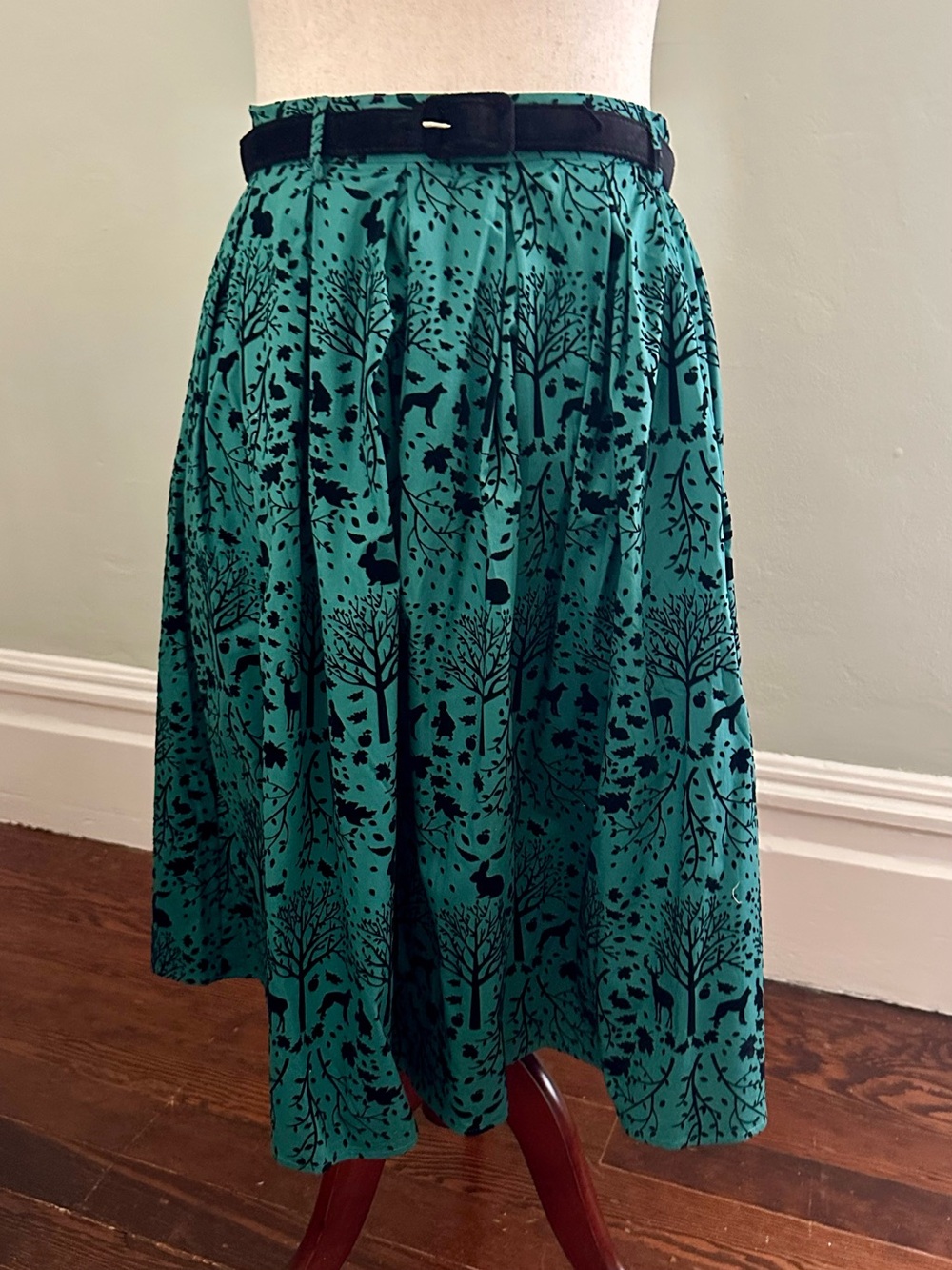 Hell Bunny Teal Circle Skirt with Black Forest Print and Belt